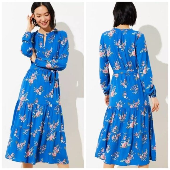 LOFT Dresses & Skirts - LOFT Floral Tiered Maxi Dress | Blue Boho Romantic | Plus Size 18 Long Sleeve